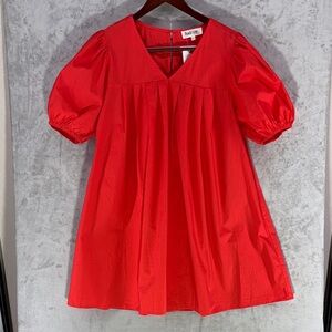NWT--Peach Love V-Neck Poplin Cotton Babydoll Dress with Balloon Sleeves Size L